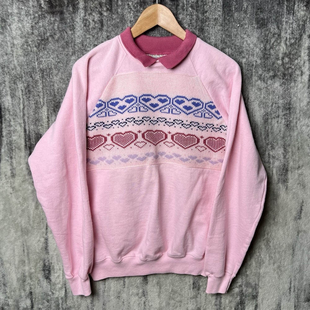 Vintage 90s Grannycore Sweatshirt Womens Large Pink Pullover Heart Collar